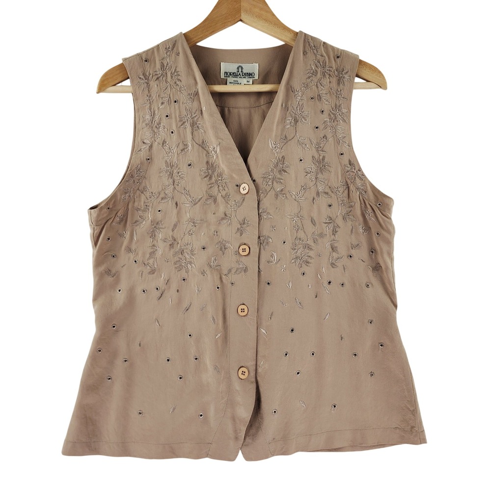 Fiorella Rubino Womens M Silk Embroidered Floral Vest Blouse Top Beige Boho
